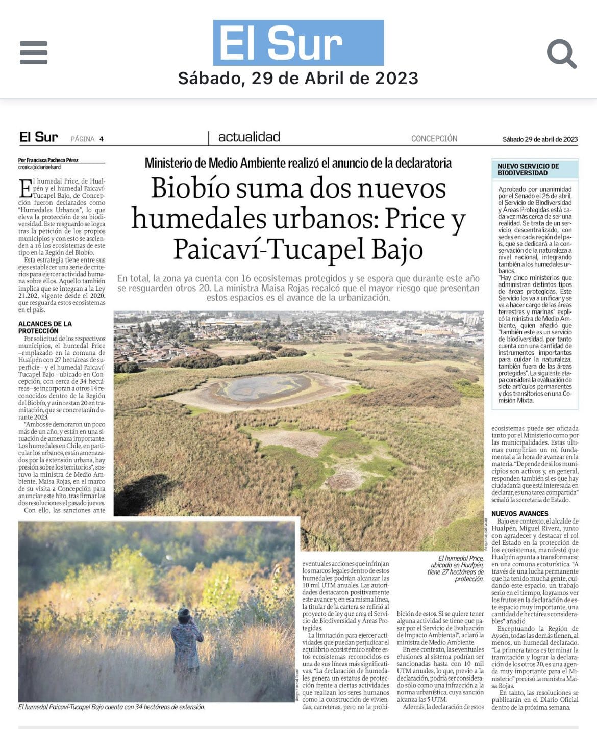 [Diario El Sur] Biobío suma dos nuevos humedales urbanos: Price y Paicaví-Tucapel Bajo